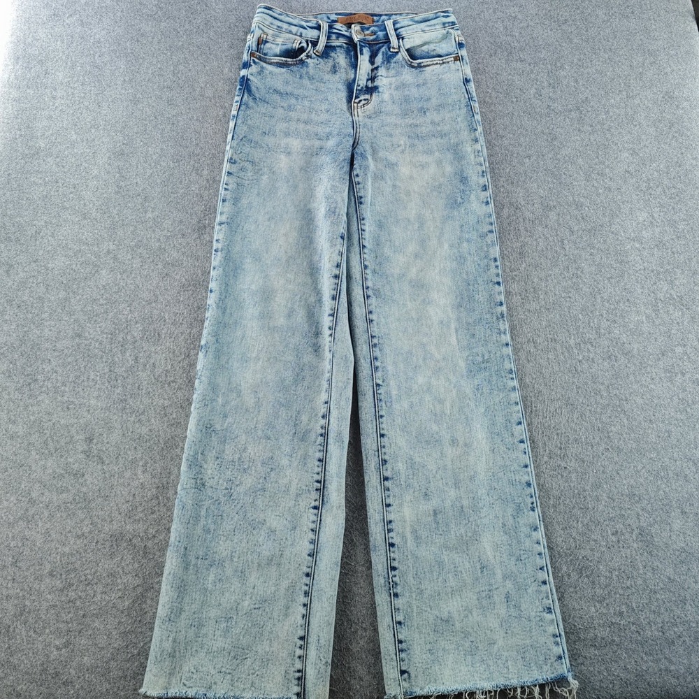 Judy Blue Wide Leg Jeans Womens 3/26 Light Wash Acid Raw Hem Stretch Denim